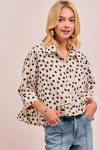 BiBi Womens Blouse Off White Black Polka Dot Peplum Top with Front Button 7da10f7120af41f480306f7b1b67fc40-Max-Origin Trendsi