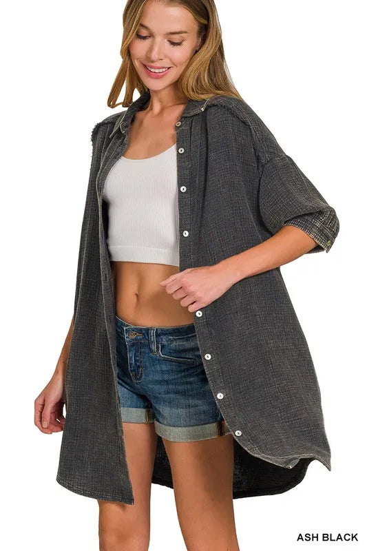 Zenana Shirt Dress Ash Black Washed Double Gauze Oversized Pocketed 7dae0fe3a61345b4bfda7d1a2a88a173-Max-Origin Trendsi