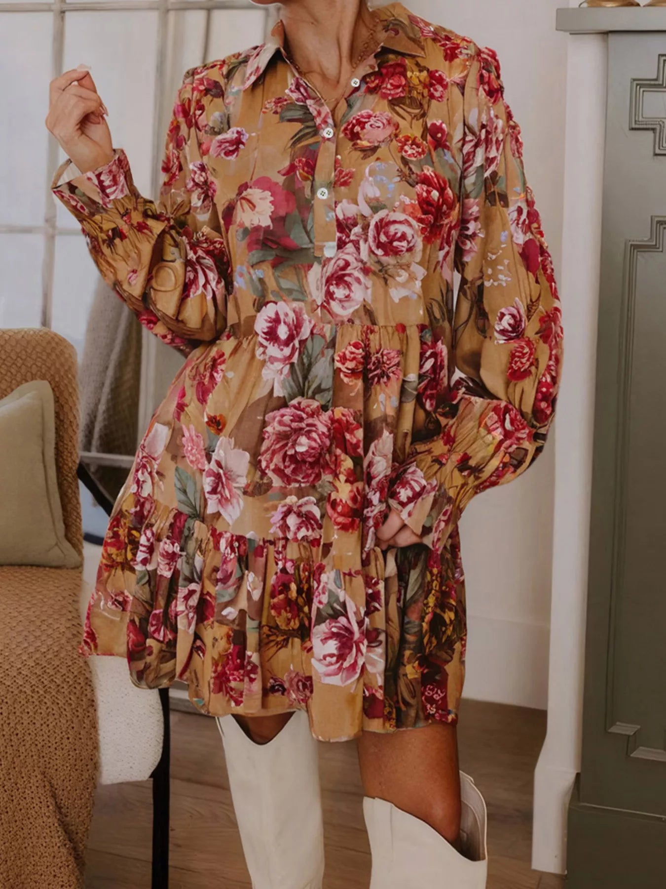 Ruffle Mini Dress Floral Print Half Button Flounce Long Sleeve 7daf257f76df4cf4af48dbaeb97d7997-Max-Origin Trendsi