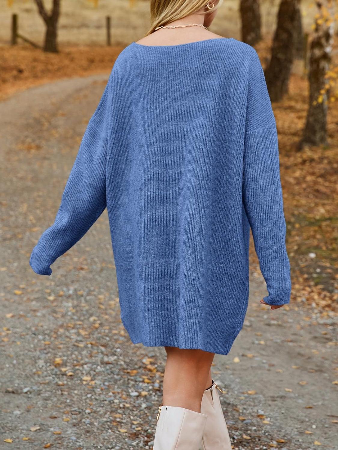 V-Neck Sweater Knit Dress Oversized Dropped Shoulder Sweater Dress 7db74a1c-62f1-4881-aaad-1ea6d6c7e068-Max Trendsi