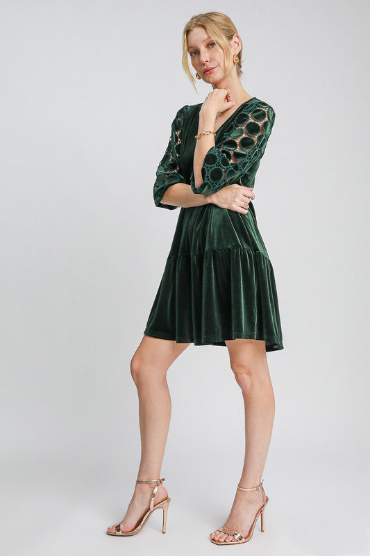 Umgee Velvet Mini Dress Dark Green Dotted Flower Lace Long Sleeve Tiered