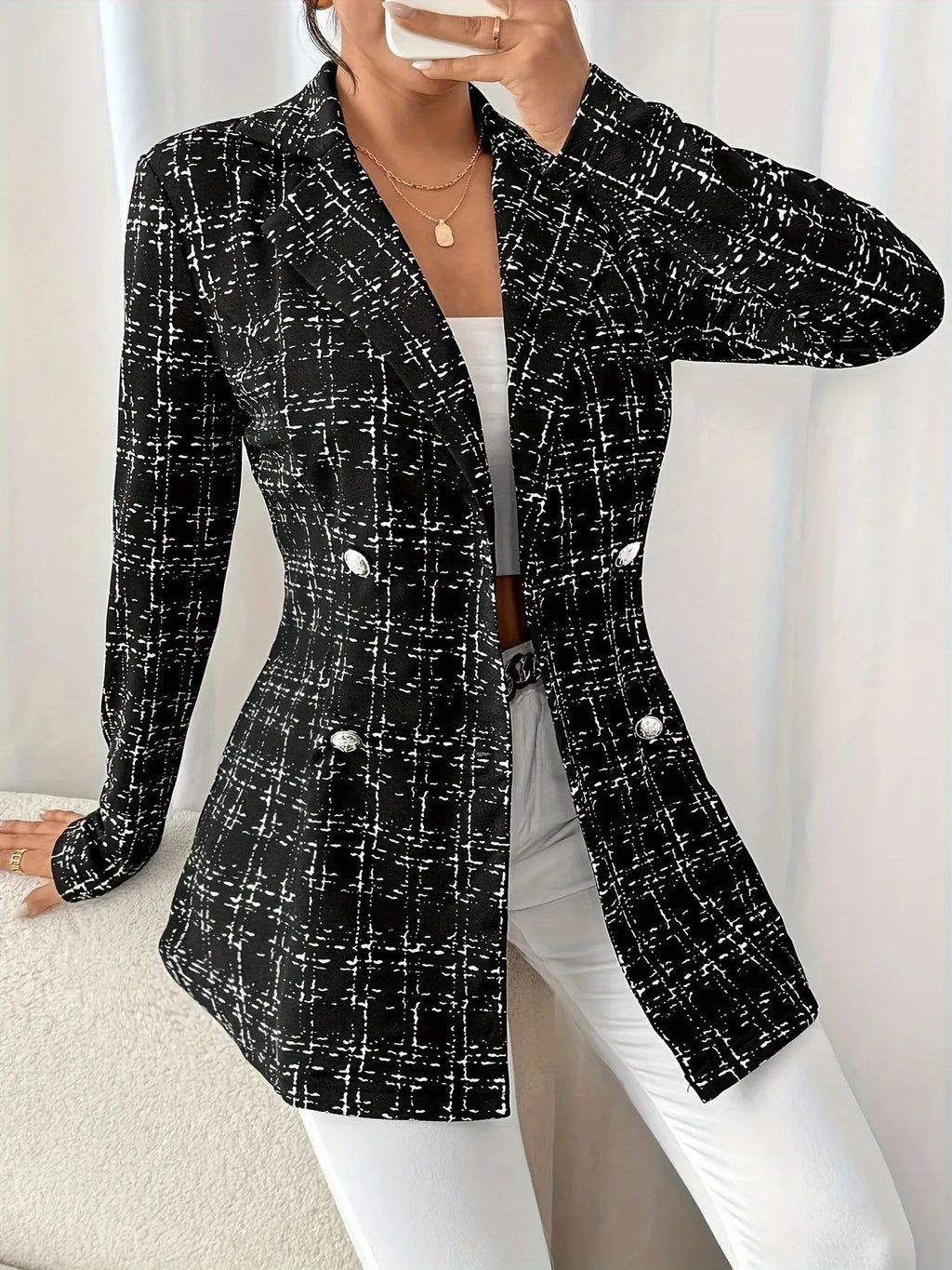 Tweed Blazer Women's Double-Breasted Long Sleeve Black 7dbd7bf3e3f342f588183797f3f937d6-Max-Origin Trendsi