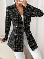 Tweed Blazer Women's Double-Breasted Long Sleeve Black 7dbd7bf3e3f342f588183797f3f937d6-Max-Origin Trendsi