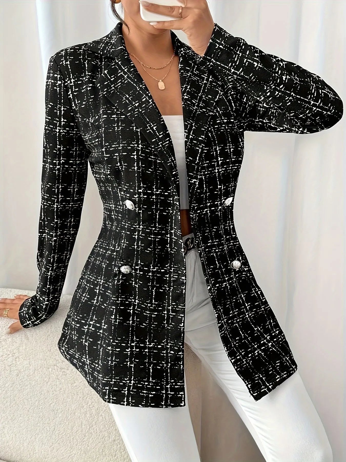 Tweed Blazer Women's Double-Breasted Long Sleeve Black 7dbd7bf3e3f342f588183797f3f937d6-Max-Origin Trendsi