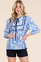 Lime 'N' Chili Blouse Blue Graphic Print Solid Trim Quarter Sleeve Tiered 7dc033b4c8904b8a8e56e7e20db70198-Max-Origin Trendsi