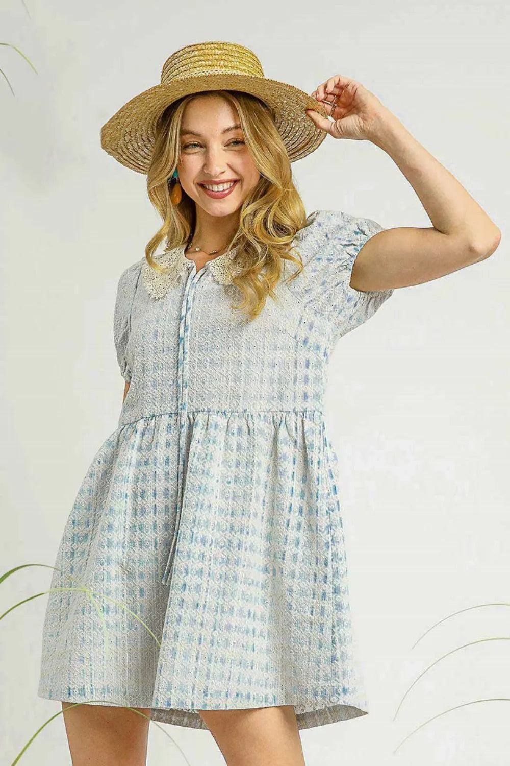 Umgee Mini Dress Sky Blue Lace Detail Short Puff Sleeve Sky Blue 7dc0b3f3-e2f8-460f-802b-9ece0290f368-Max-Origin Trendsi