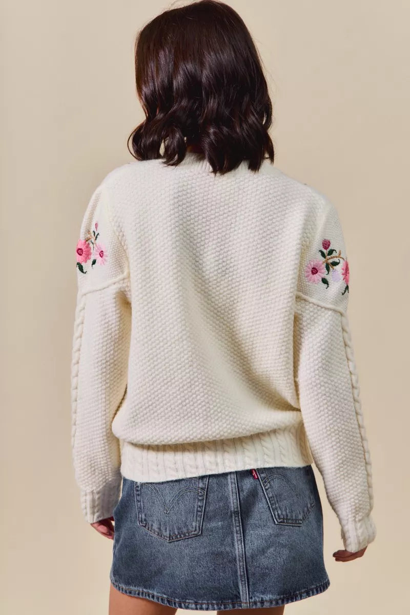 SO ME Women's Sweater Cardigan Floral Embroidered Coquette Ivory Cable-Knit 7dc197c268a047b6b6270f78655f7812-Max-Origin Trendsi