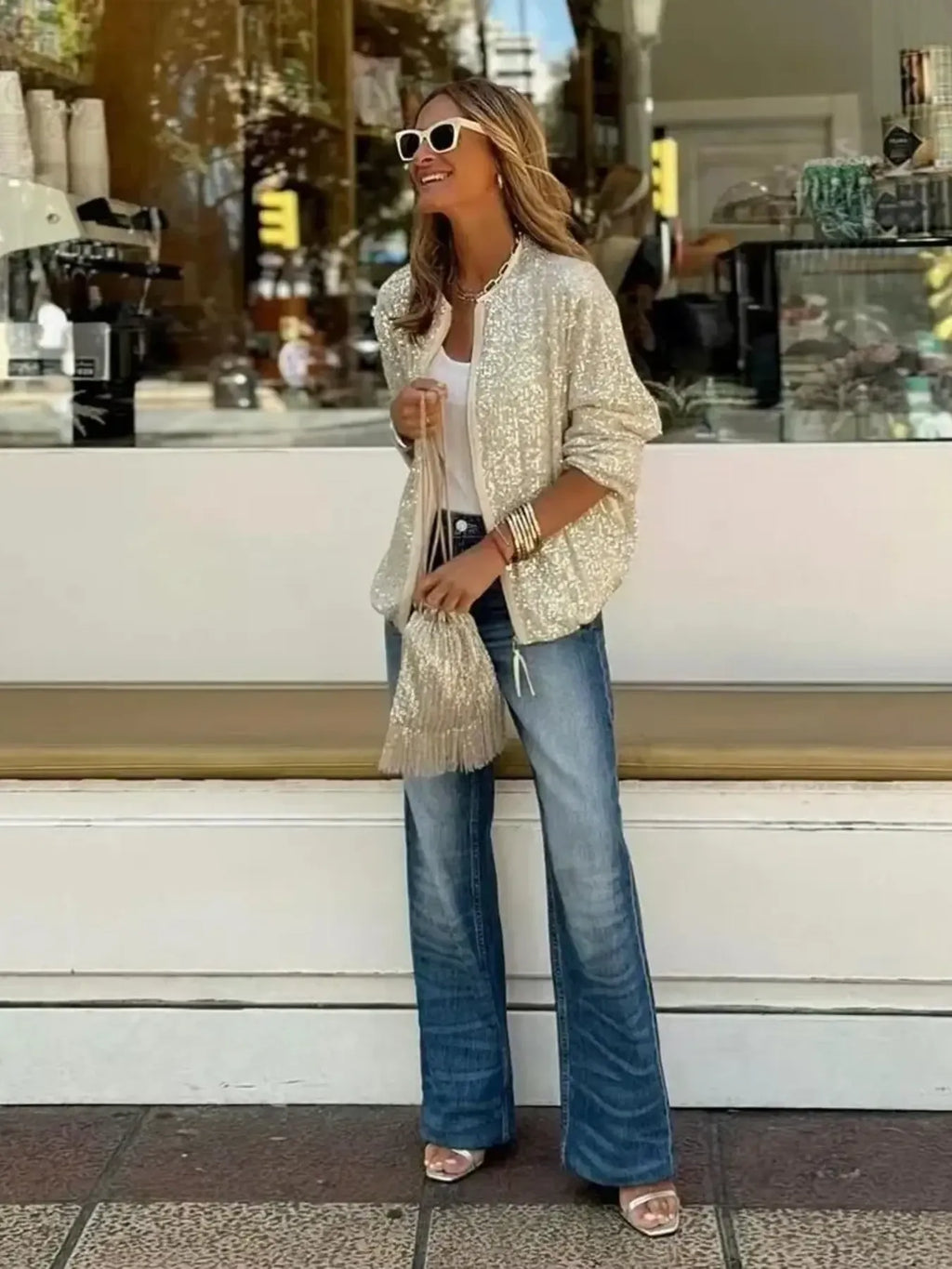 Sequin Jacket Women's Zip Up Long Sleeve Outwear 7dc38e70661f484f88bc2e7204060697-Max-Origin Trendsi