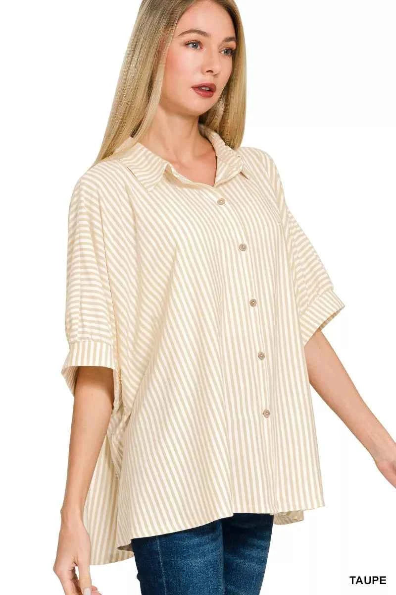 Zenana Oversized Stripe Shirt Taupe Buttoned Short Sleeve Top 7dc636ad5cee4cd79071d9d7b3ee9448-Max-Origin Trendsi