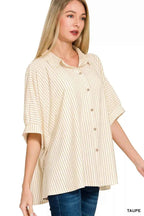 Zenana Oversized Stripe Shirt Taupe Buttoned Short Sleeve Top 7dc636ad5cee4cd79071d9d7b3ee9448-Max-Origin Trendsi