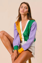BiBi Sequin Sweater Cardigan Mardi Gras Color Block Buttoned Long Sleeve 7dcbed51996e4460b6e24d8b2742c4aa-Max-Origin Trendsi