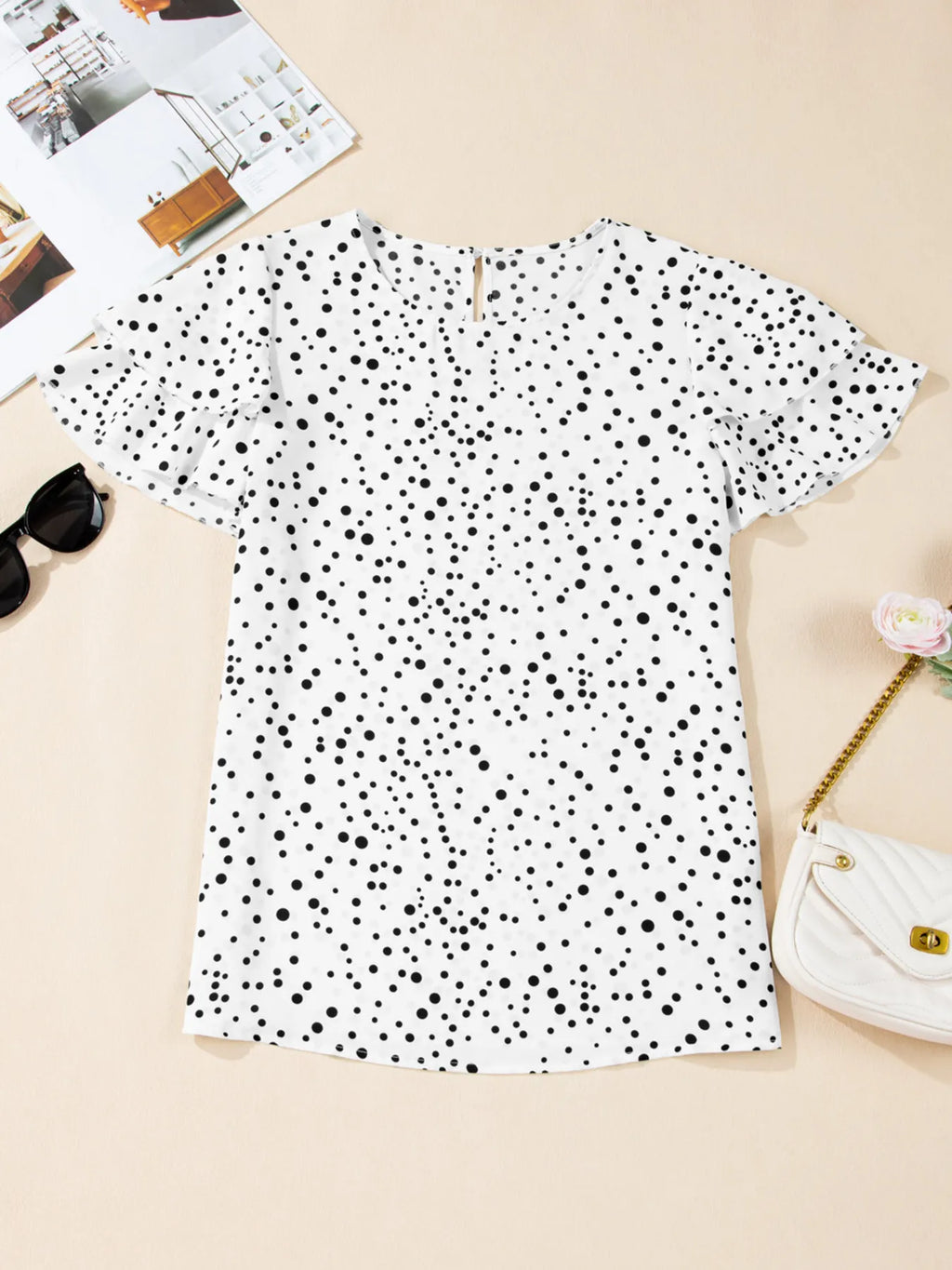 Women's Blouse Polka Dot White Layered Ruffled Short Sleeve Top 7dd341b2d05e452685e74f3c5f5f8442-Max-Origin Trendsi