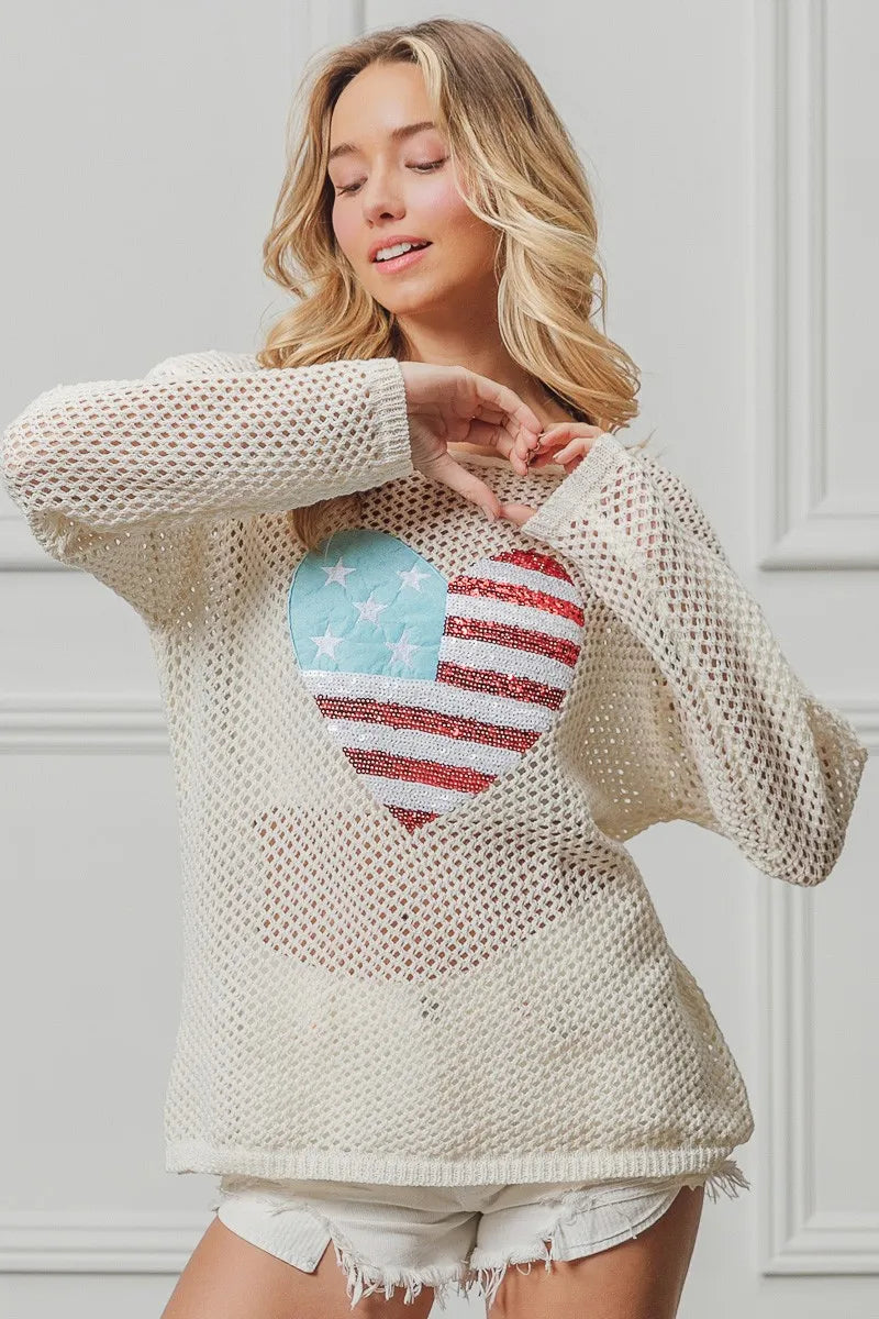 BiBi Knit Top Sequin American Flag Heart Up Embroidered Long Sleeve 7ddaf7a5c59d429db9606d1622d6c24c-Max-Origin Trendsi