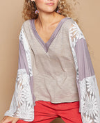 POL Women Blouse Gray Lace Detail V-Neck Flare Long Sleeve Semi-sheer Gray 7ddc17a3-1ca4-40ad-bce3-0f1c160e9d56-Max Trendsi