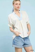 Umgee Blouse Cream Textured V-Neck Top with Lace Trim Details 7de3128b-41b2-4b7e-b42b-000d32da0a7f-Max-Origin Trendsi