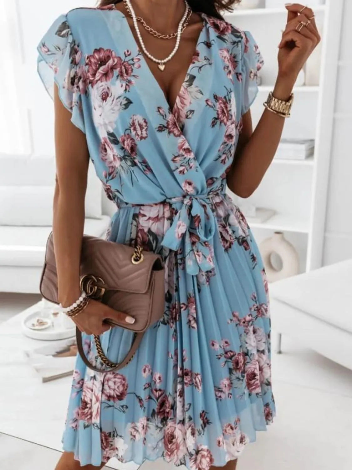 Floral Ruffle Dress Surplice Ruffled Cap Short Sleeve Tied Waist Blue 7dea9598-ab16-41dd-ba9e-5861ad451347-Max-Origin Trendsi