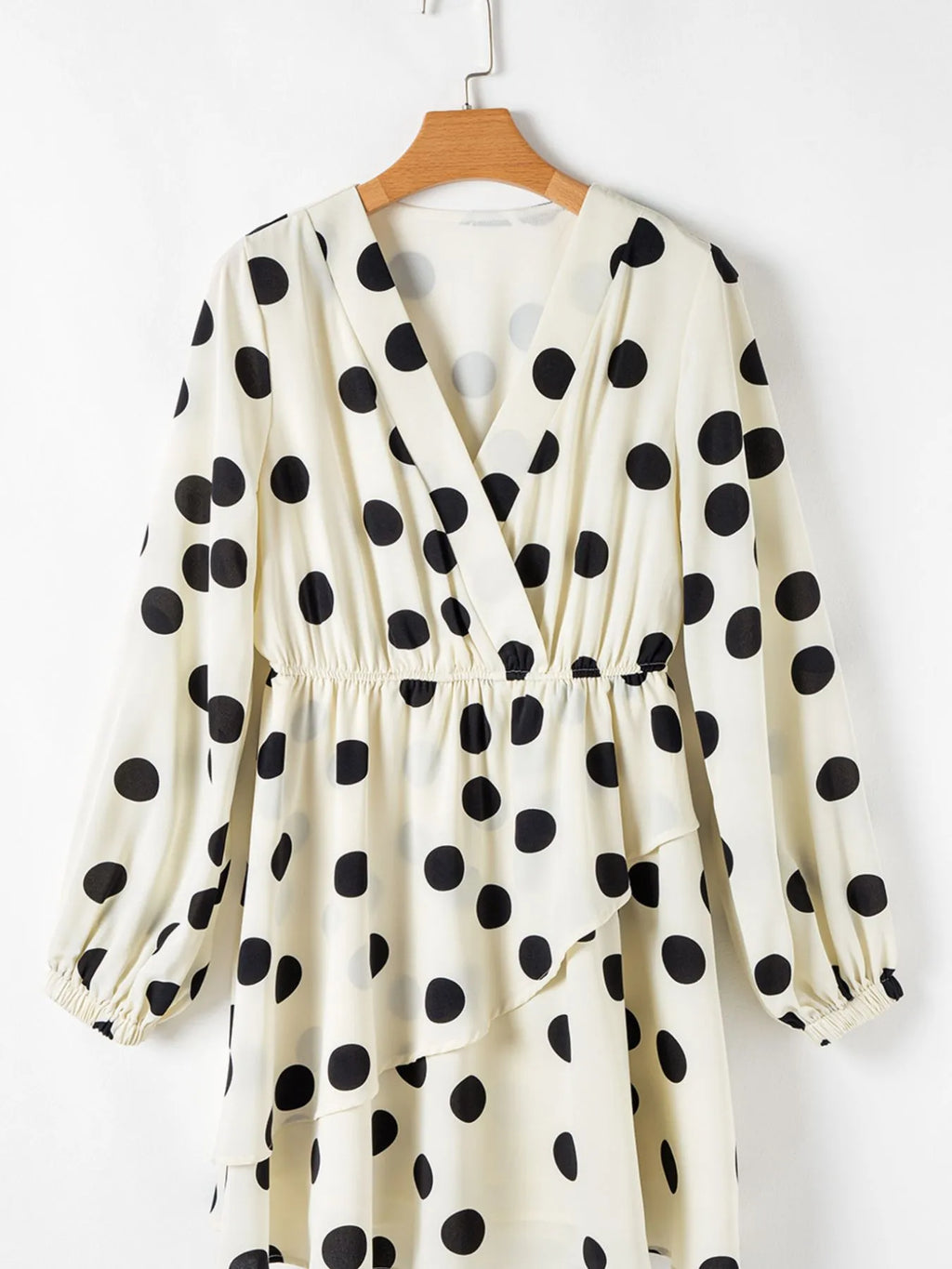 Mini Dress Polka Dot Beige Surplice V Neck Ruffled Puff Long Sleeve 7dee1b5f-dcfa-49f7-8acb-3c872a043141-Max-Origin Trendsi