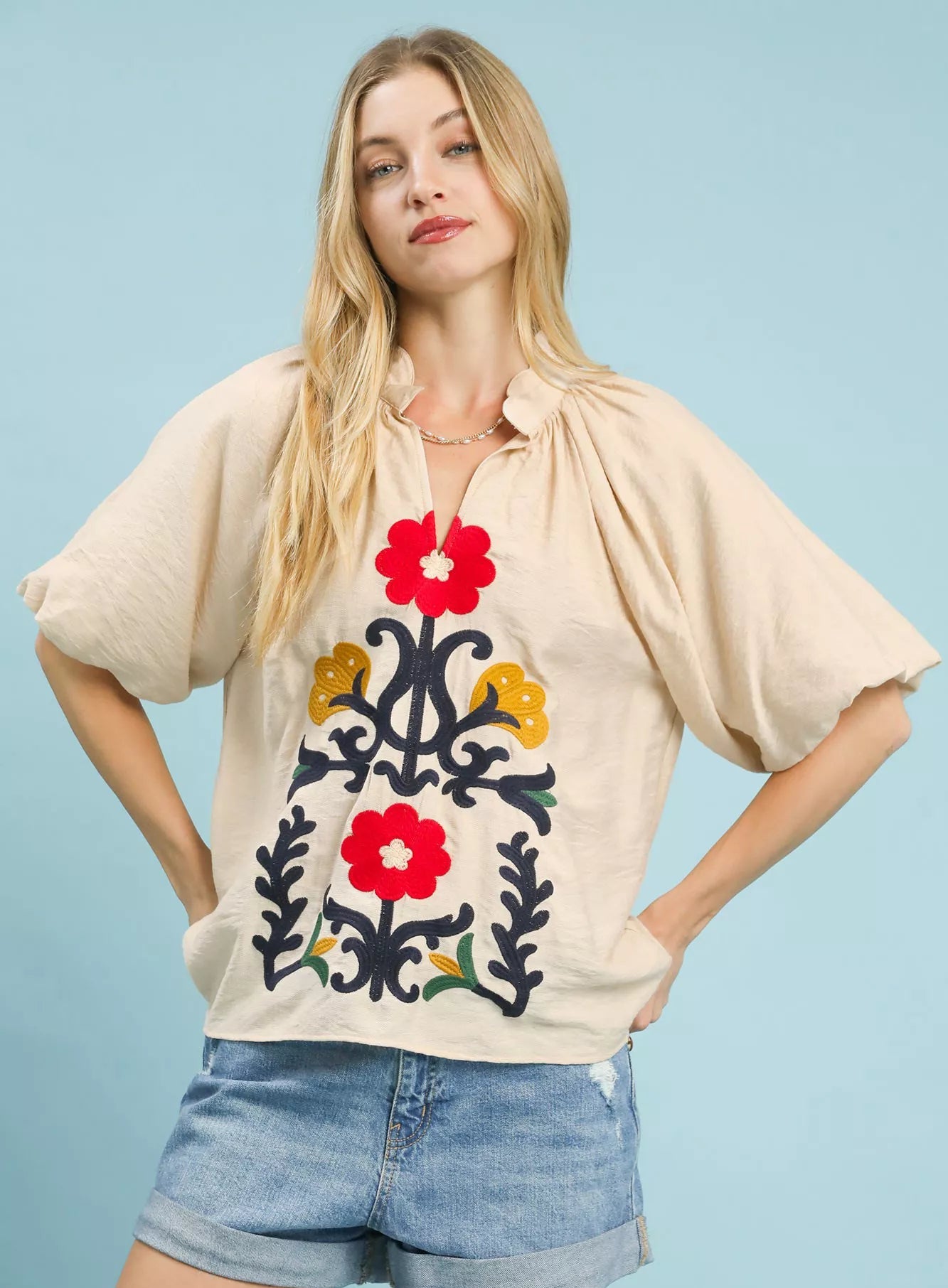 Umgee Blouse Beige Embroidered Boho Puff Short Sleeve Top OATMEAL 7df3aab1-05b0-49cb-9695-c95aede80107-Max-Origin Trendsi