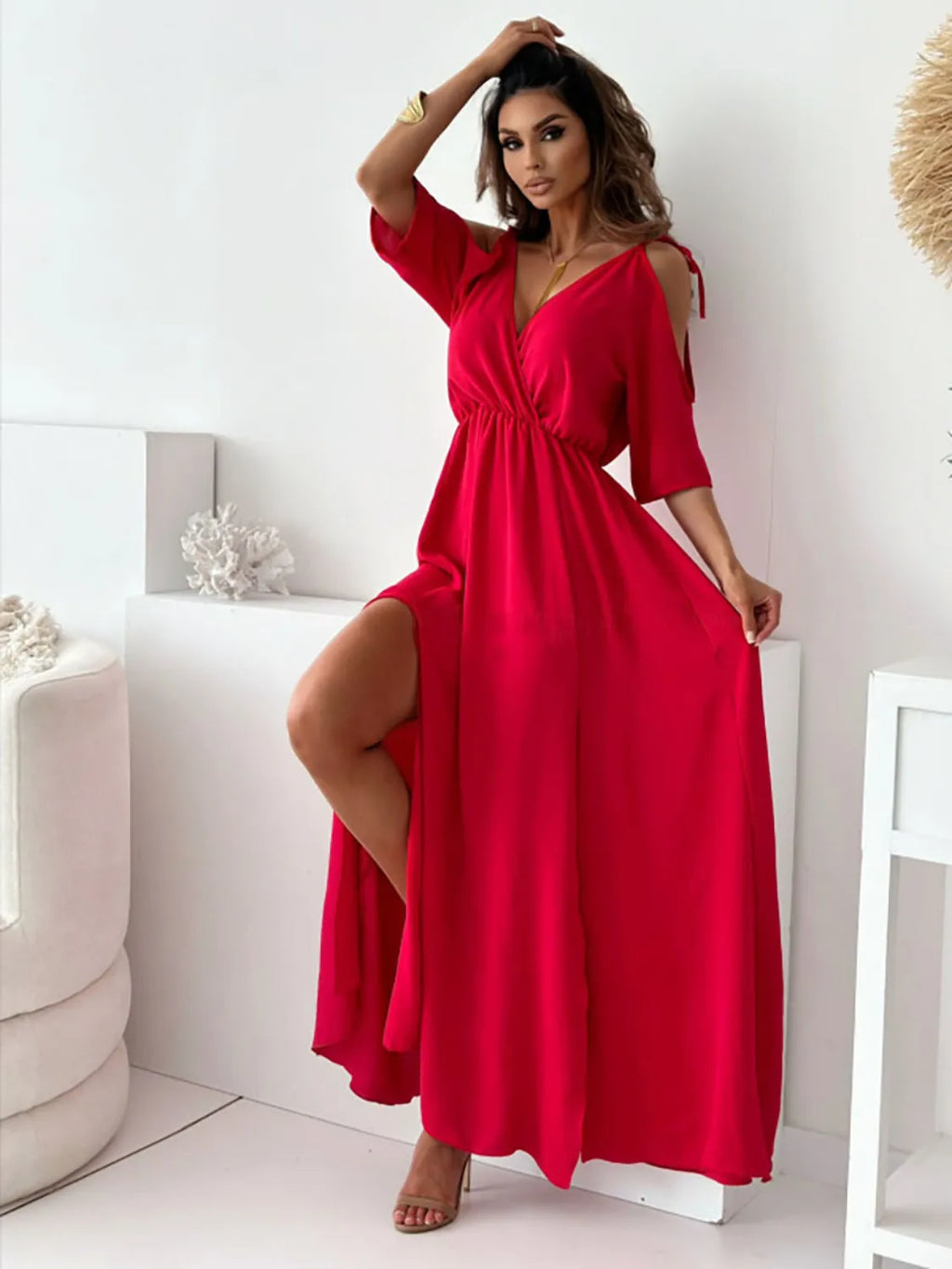 Maxi Summer Dress V Neck Tied Shoulder Slit Short Sleeve High Waisted 7df95d90-ea3f-4e3c-b71c-944108e5b73a-Max-Origin Trendsi