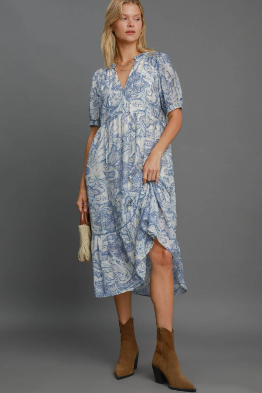 Umgee Midi Dress Blue Floral Printed Puff Short Sleeve Tied BLUE MIX 7e05fa73-4df8-429b-befc-149dc0e56775-Max Trendsi