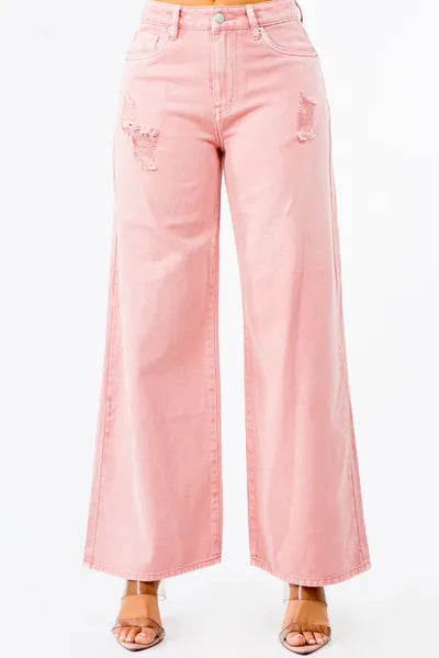 American Bazi Pink Wide Leg Jeans Women's High Waist Distressed Denim Pants Blush Pink 7e0786cb-6377-4c36-9bc1-36643a91bccc-Min Trendsi