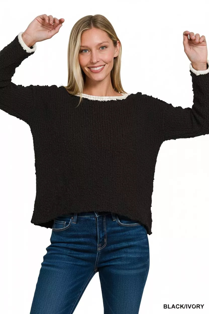 Zenana Cropped Sweater Black Knit Ivory Contrast Trim for Woman 7e0aaba9-ea4b-4dbb-91dc-69cfee139872-Max-Origin Trendsi