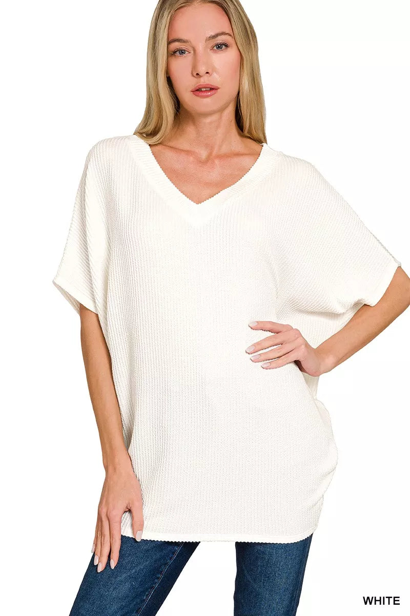 Zenana Raised Rib V-Neck Batwing Top WHITE 7e11eb20c45c45958e618ce200beac78-Max-Origin Trendsi