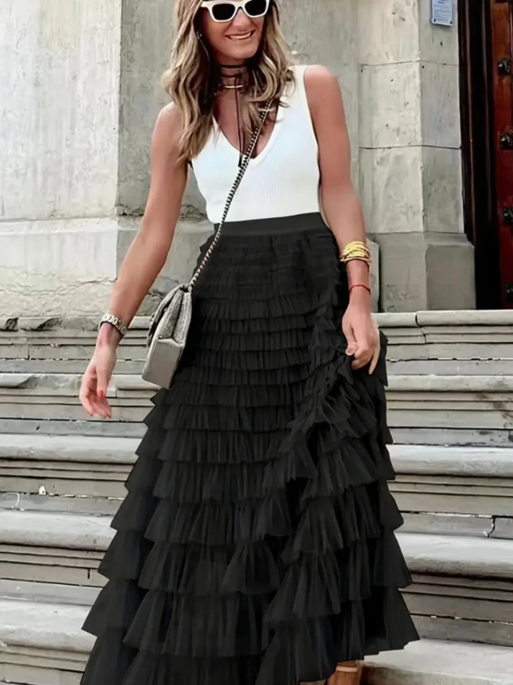 Ruffle Maxi Skirt Layered Mesh Tiered Elastic Waist 7e15b810c1c74898a842701e29508973-Max-Origin Trendsi