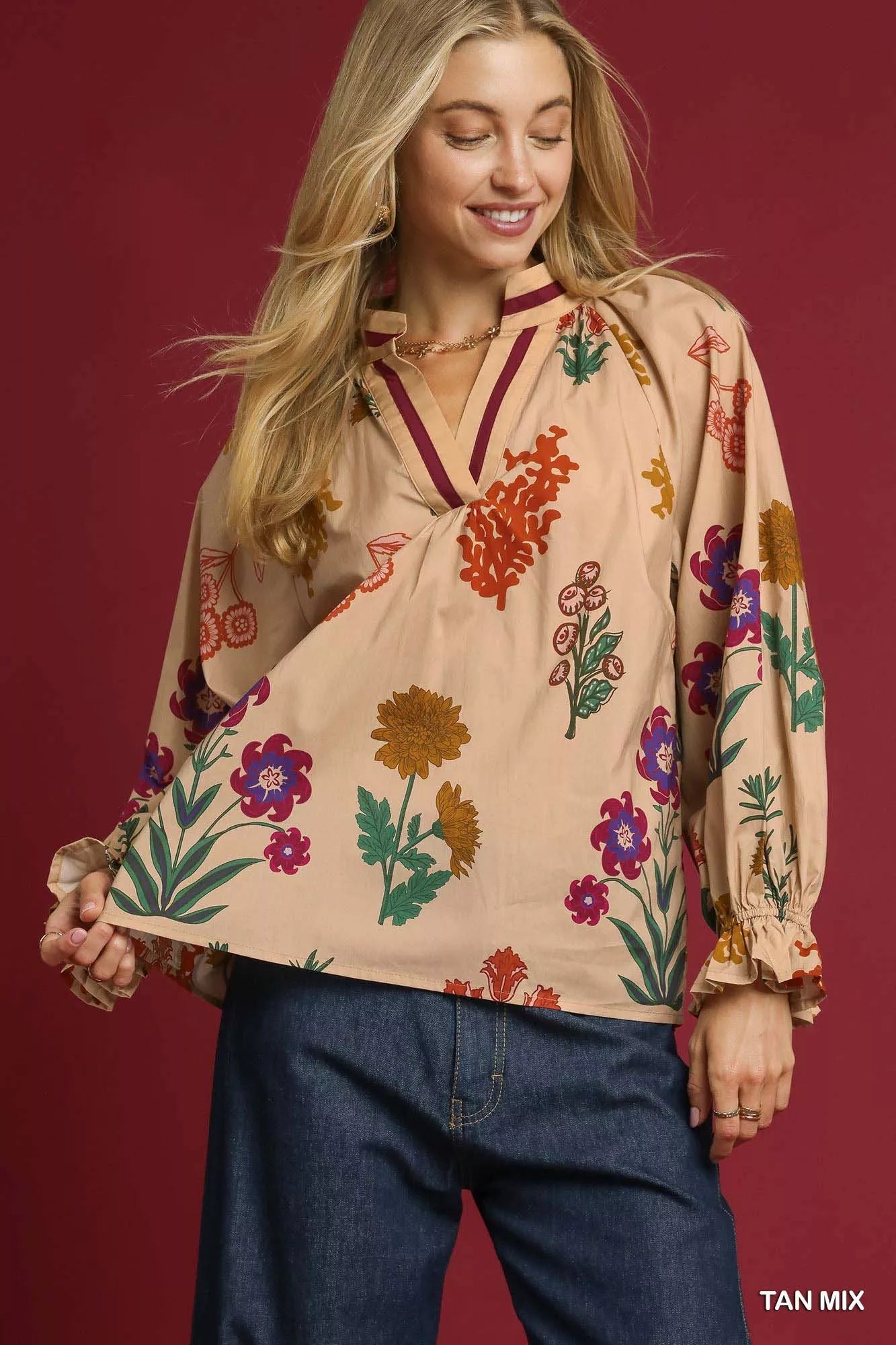 Umgee Womens Blouse Cotton Floral Tan Mix Print Flounce Long Sleeve Top 7e15c8da-795a-4792-8d05-66c4f796e98d-Max-Origin Trendsi