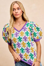 BiBi Women V Neck Knit Top Mardi Gras Fleur De Lis Patterned Short Sleeve 7e2153d1a25d438bbbc1cf00ae8bf330-Max-Origin Trendsi