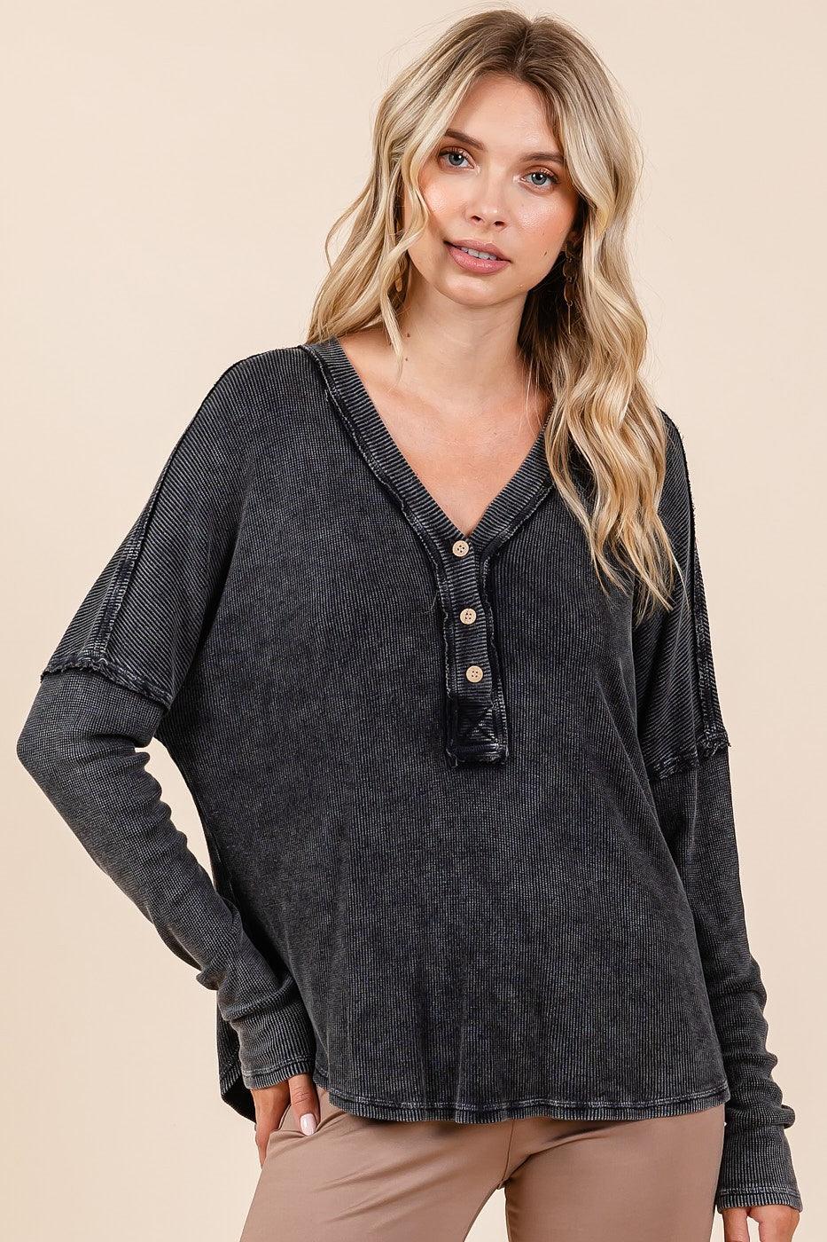 Mittoshop Blouse 100% Cotton Black Washed V-Neck Long Sleeve 7e31943d-3f01-405e-b9d1-d388f040ca3a-Max Trendsi