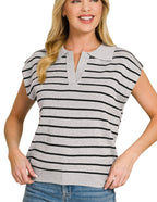 Zenana Viscose Striped Sweater Vest with Collared Polo Neck