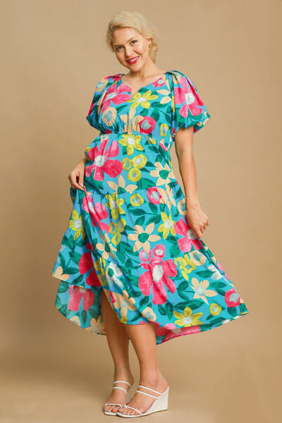 Umgee Midi Dress Plus Size Tiered Floral Print with Puff Short Sleeves 7e3e7833-bb31-46d0-818e-df57d2959a9a-Min Trendsi