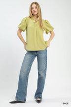 Umgee Blouse Sage Green Seersucker Puff Sleeve Short Sleeve Top 7e434aaf-68ae-4760-937f-a0e342719900-Max-Origin Trendsi