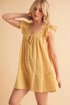 Aemi+Co Mini Dress Ruffled Cap Short Sleeve Cotton Tunic Smocked 7e4b51fca83a4e48b6bfdbd37908afcc-Max-Origin Trendsi