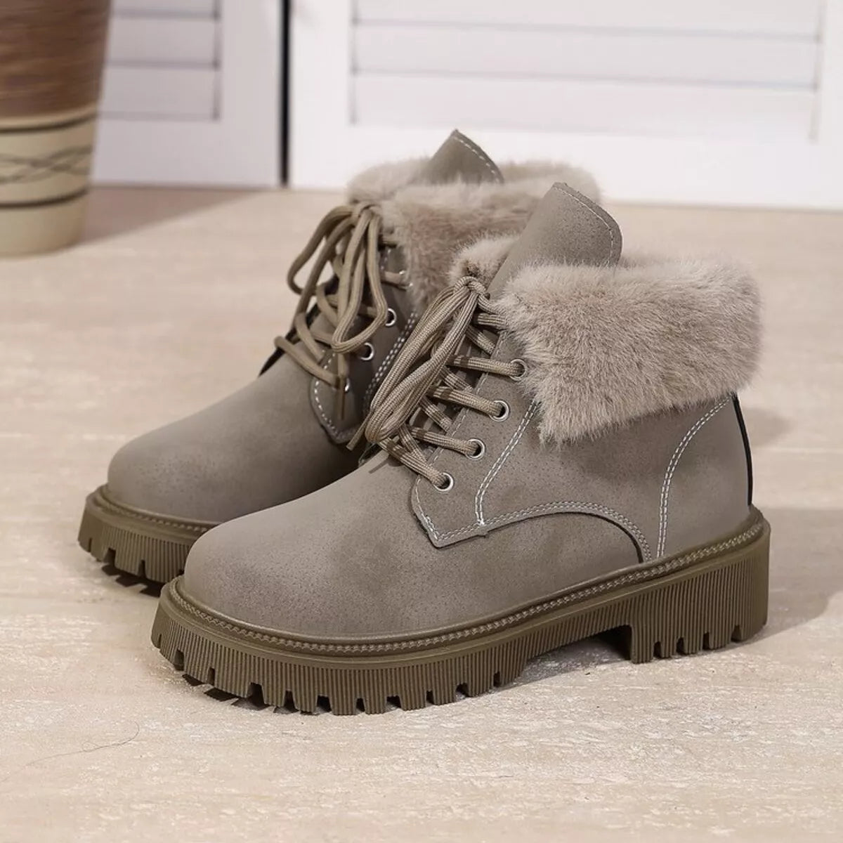 Women's Ankle Boots Faux Fur Lined Pu Leather Lace Up Round Toe Block Heels Khaki 7e4b6d2b2e824924825621a14792b618-Max-Origin Trendsi