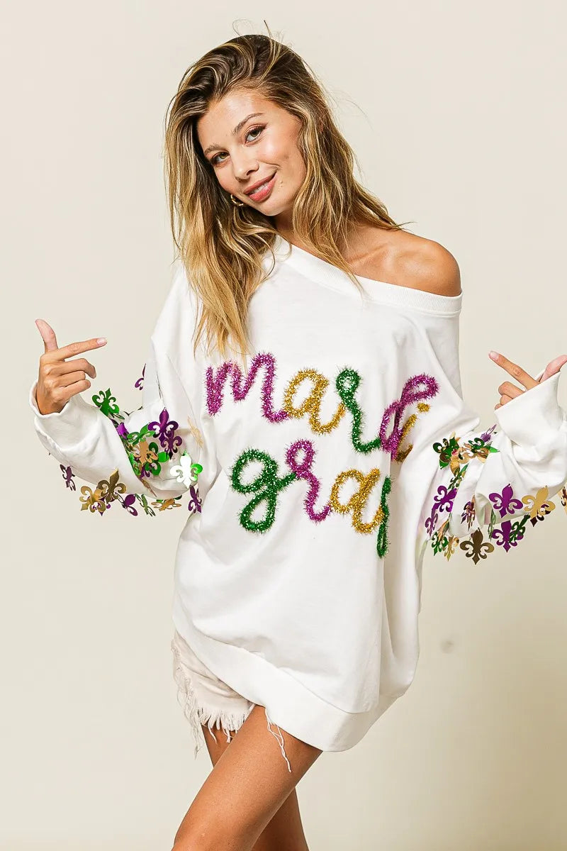 BiBi Womens Pullover Off White Fleur De Lis Sleeve Mardi Gras 7e55cf6884364db4b68f7249054c23cb-Max-Origin Trendsi