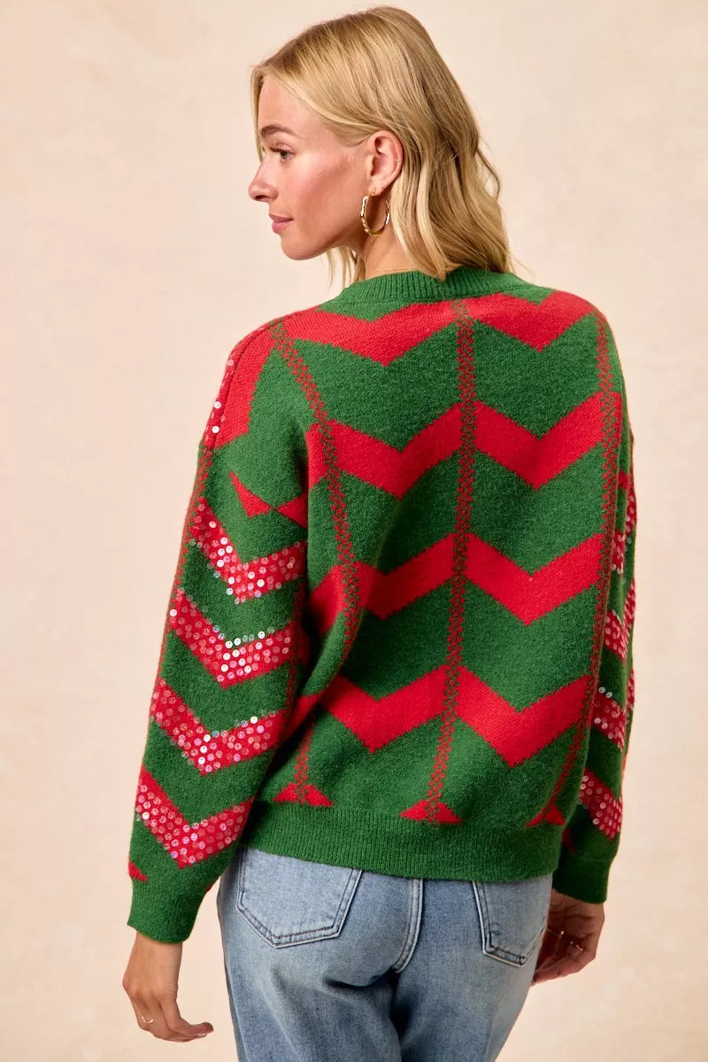 BiBi Sweater Christmas Theme Chevron Sequins Womens Green Red Pullover 7e596e2c34b441248192a27aa69d101b-Max-Origin Trendsi