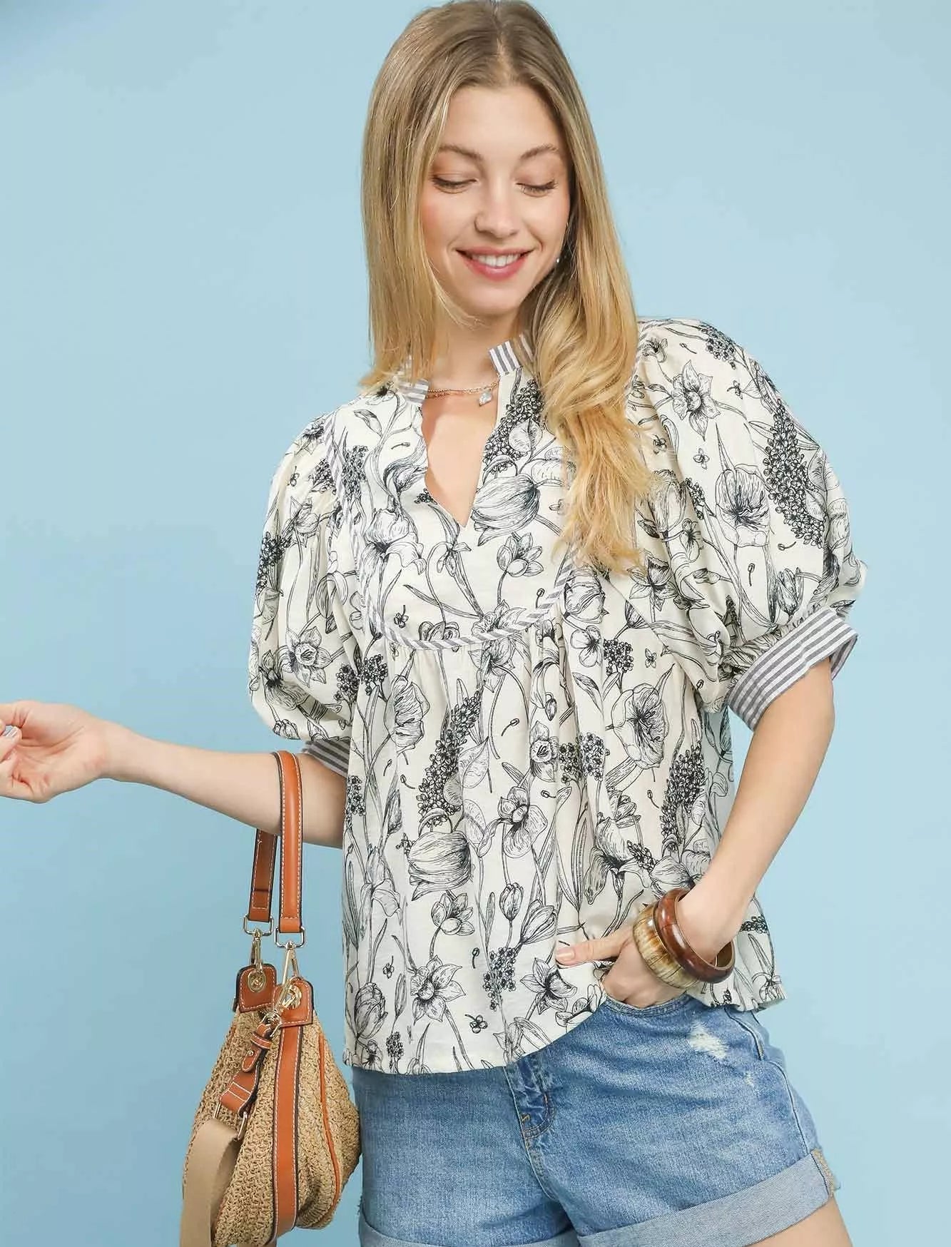 Umgee Blouse Black Floral Mixed Print Puff Short Sleeve Split Neck Top BLACK 7e5f7a57-9c44-4313-aac9-ad74c27ad23d-Max-Origin Trendsi