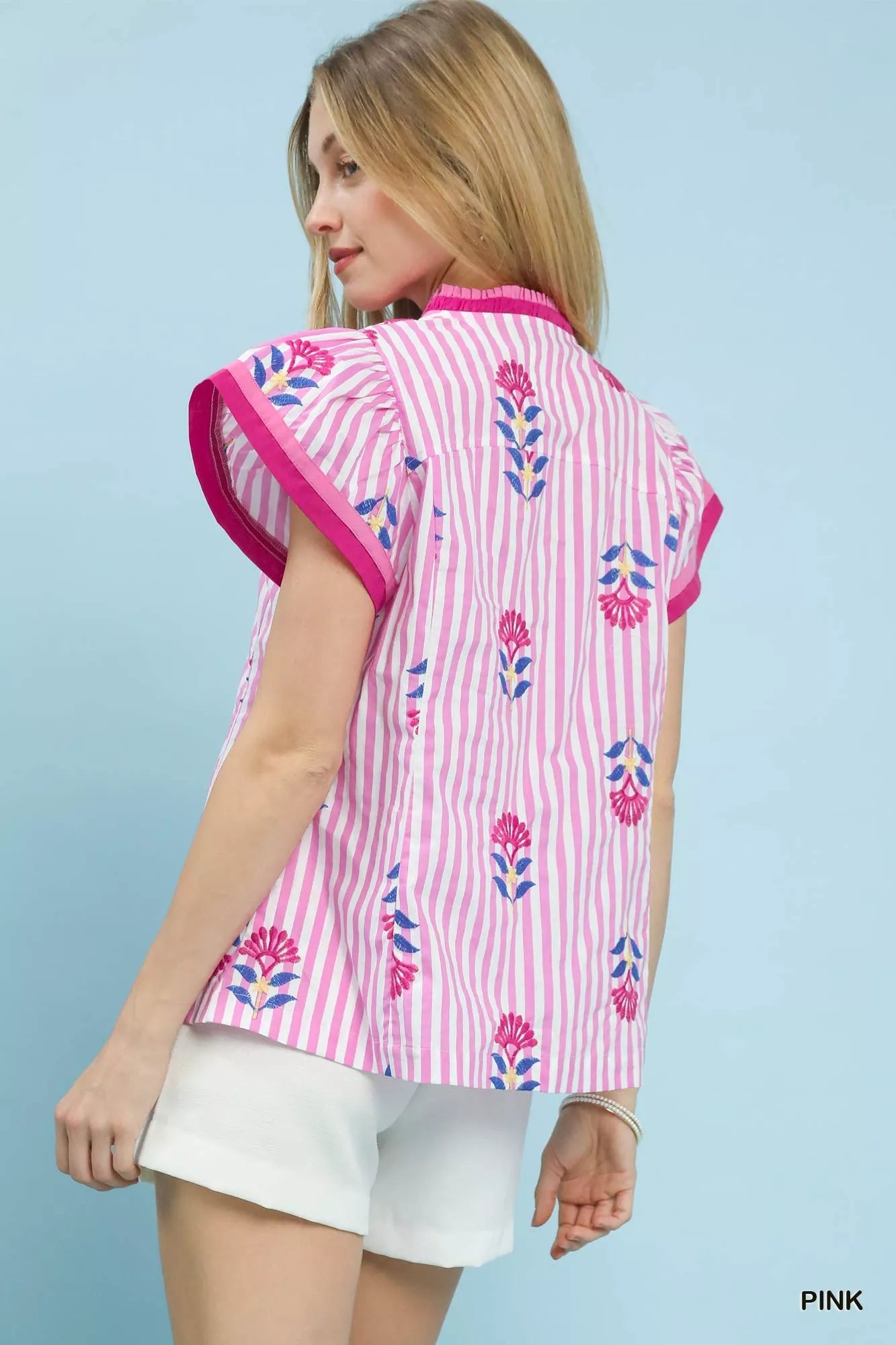 Umgee Blouse Cotton Pink Embroidered Striped Flutter Short Sleeve Top 7e5fb1af-7c97-45c3-87c4-bc07faa63619-Max-Origin Trendsi