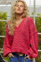 POL Womens Sweater Fuchsia Cable-Knit Solid V-Neck Cropped Oversized 7e6173e5-4c4f-443f-926d-72b343607875-Max-Origin Trendsi