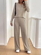 Women's Outfit Set Ribbed Button Detail Long Sleeve Top and Pants Set 2 Pcs Khaki 7e622d31a1e74754a0a03fe41809d617-Max-Origin Trendsi
