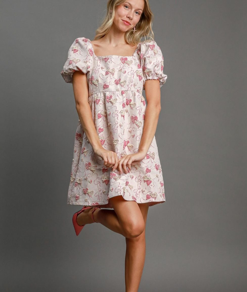 Umgee USA Mini Dress Heart Jacquard Square Neck Puff Short Sleeve