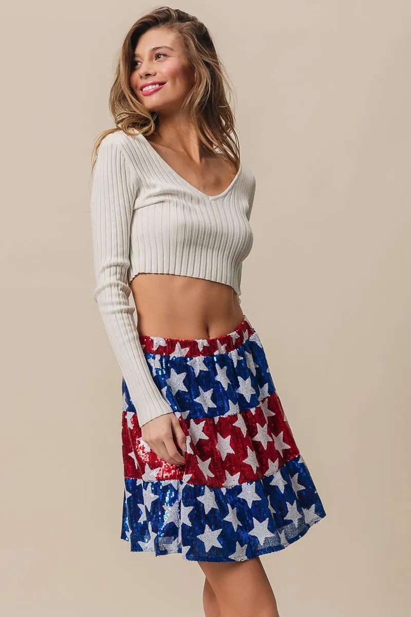BiBi Sequin Skirt American Flag Theme Star Tiered Short Layered 7e73dca37736464e8dbcc901f2104591-Max-Origin Trendsi