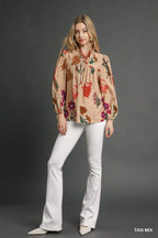 Umgee Womens Blouse Tan Mix Flower Print Top with Scalloped Neckline 7e7447e8-17c3-47c3-8133-c0bc85357ce6-Max-Origin Trendsi