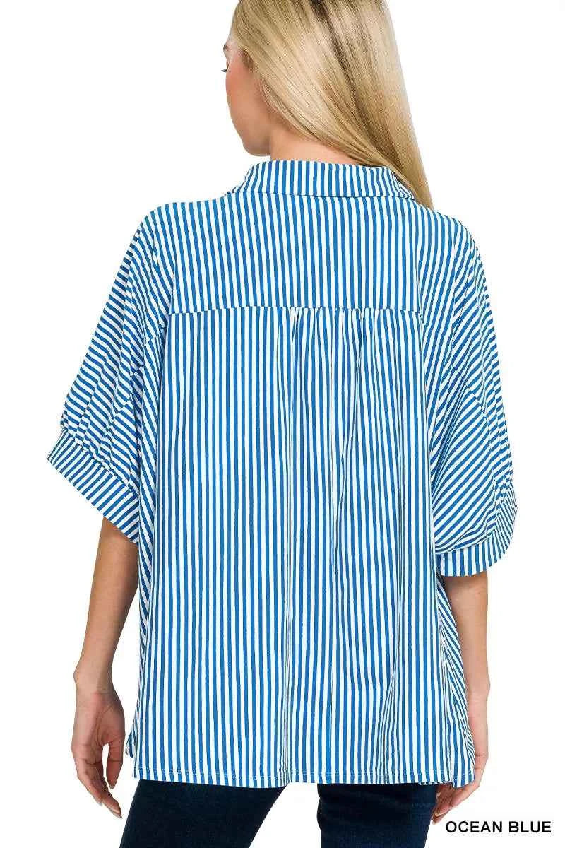 Zenana Oversized Shirt Ocean Blue Stripe Short Sleeve Top 7e7e690c2df7461d9d95f0883165c8b8-Max-Origin Trendsi