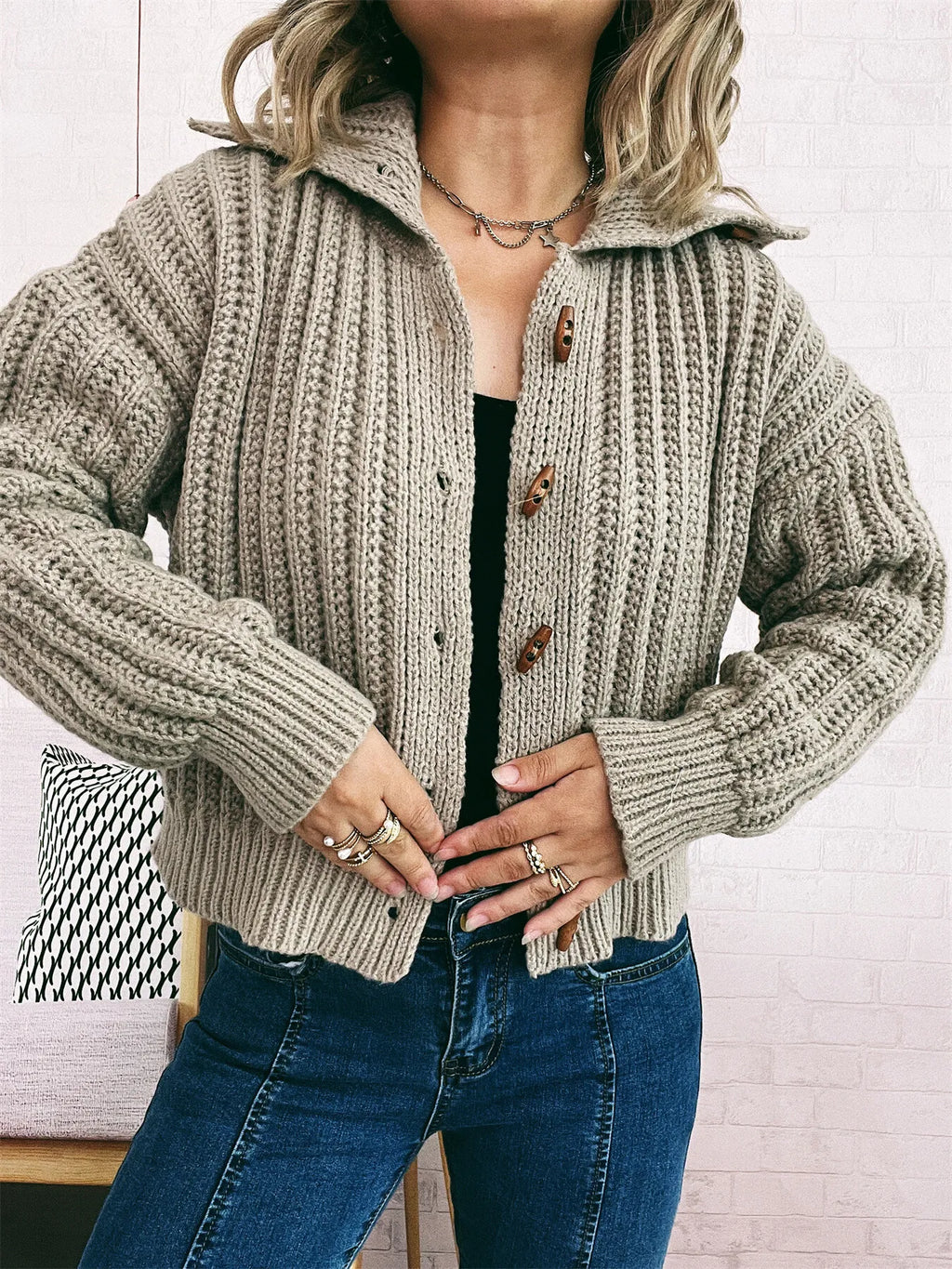 Women's Cardigan Button Up Collared Long Sleeve Knitwear Khaki One Size