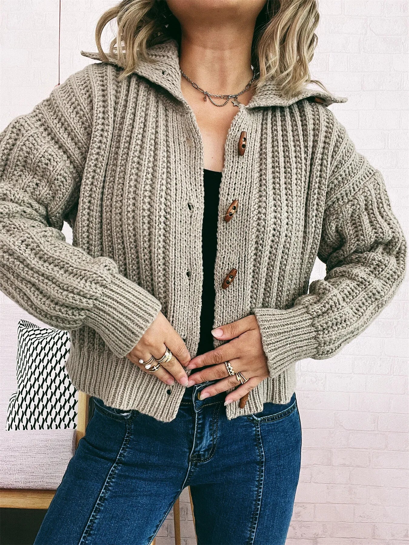 Women's Cardigan Button Up Collared Long Sleeve Knitwear Khaki One Size