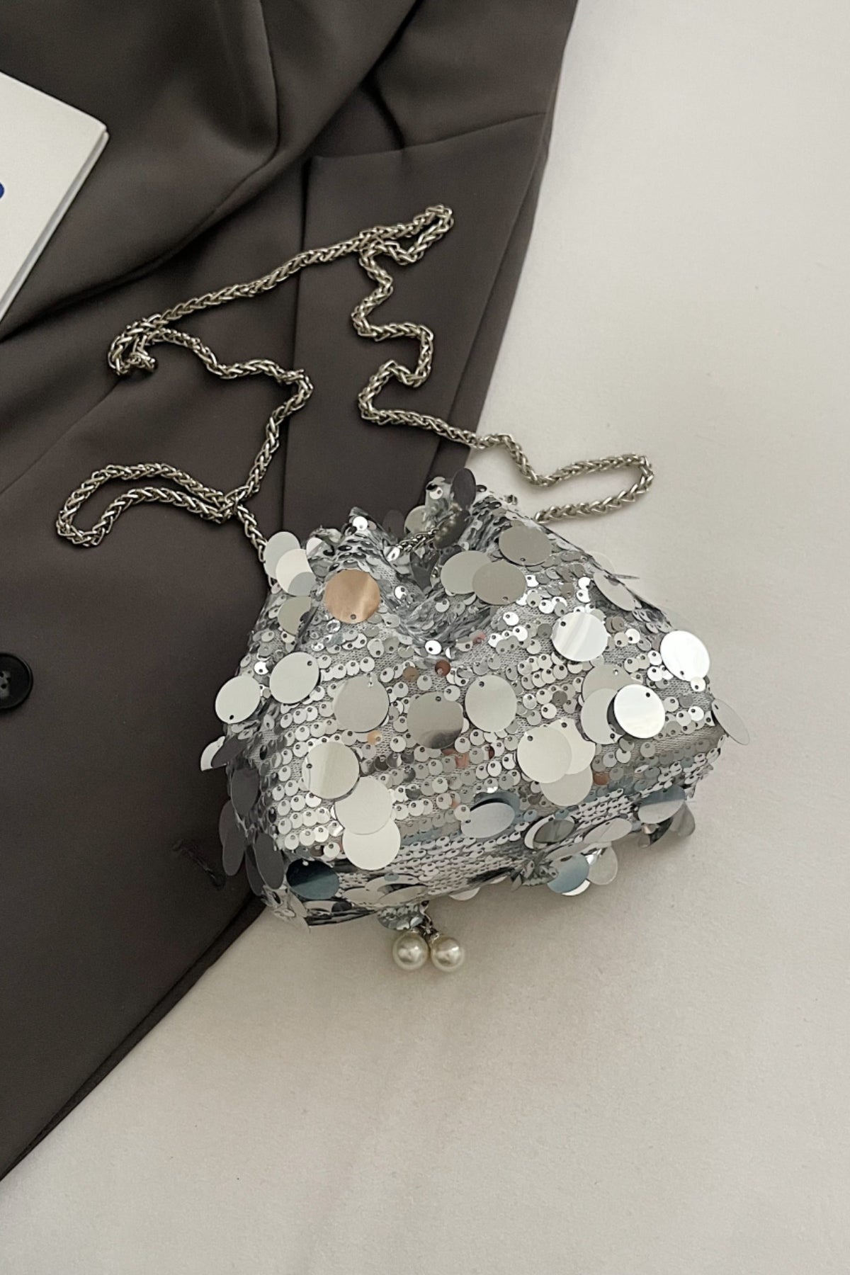 Sequin Silver Bucket Bag Drawstring Small Women Chain Crossbody Strap