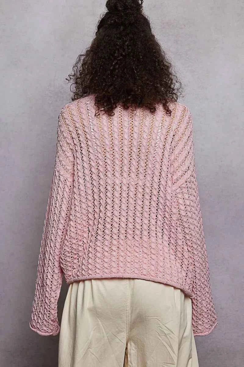 POL Knit Top Openwork Soft Pink Sweater Round Neck with Shiny Detail 7e861d19-774b-42bb-ac36-3f629429cf4f-Max-Origin Trendsi